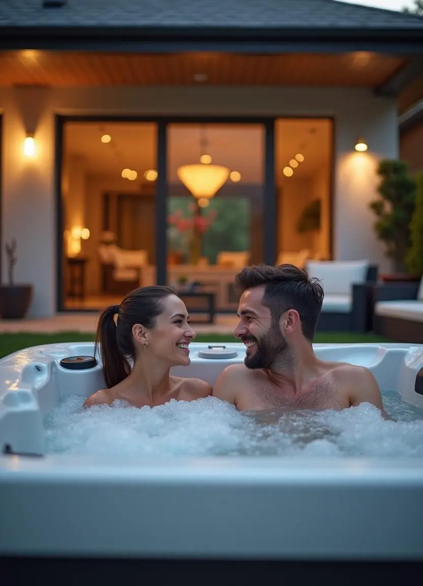 A couple enjoys a hot tub from TubLease