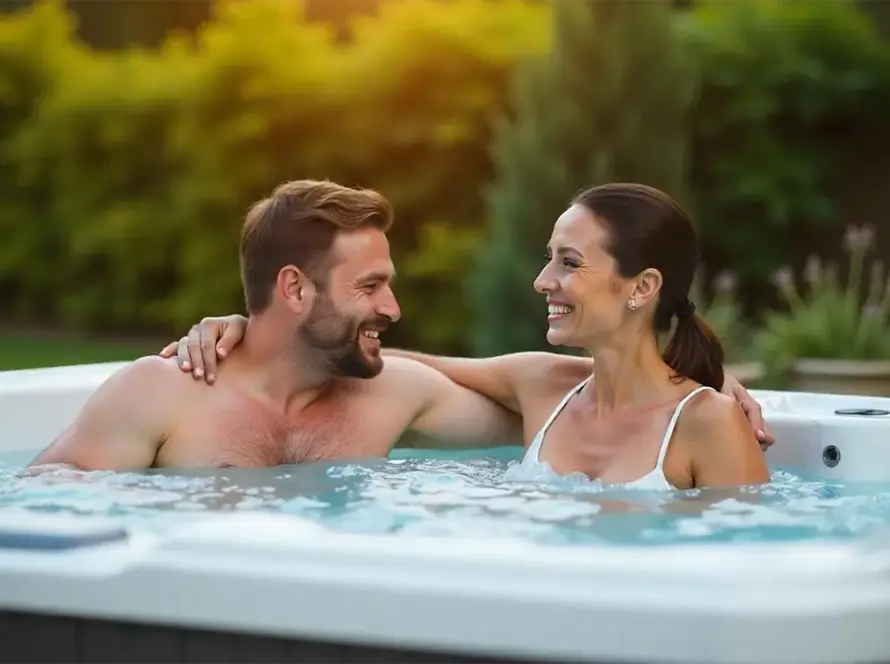 A smiling man and woman relax together in a hot tub outdoors, surrounded by greenery in the UAE, with the man’s arm round the woman’s shoulders.