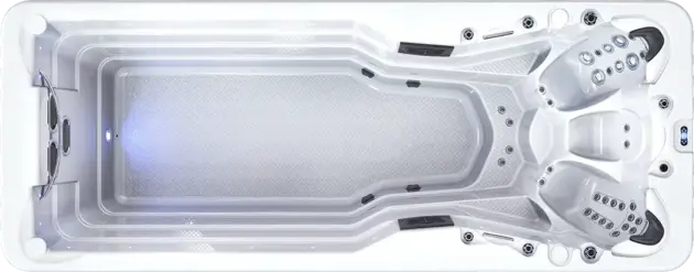 Top view of the Aquafire swim spa featuring a long rectangular swim area for exercise on the left and two contoured seats with multiple jets on the right, designed for relaxation, hydrotherapy, and enhanced wellbeing.