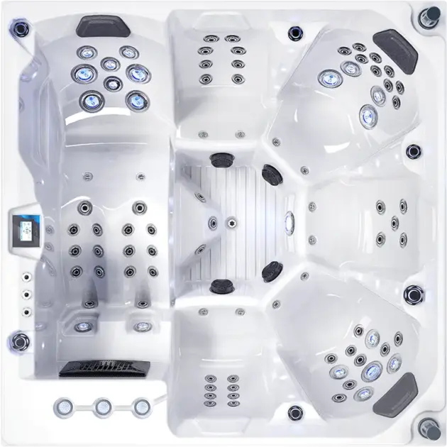 Top-down view of a large white jacuzzi with multiple seats, built-in jets, a digital control panel, and cup holders. Perfect for Dubai summers, this sleek hot tub features modern design and can be paired with chillers for summer relaxation.
