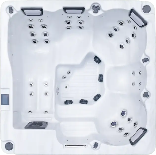 Top-down view of the Aquazen, a white 6-person hot tub featuring multiple jets, headrests, control panel, cup holders, and textured seating surfaces for hydrotherapy and relaxation.