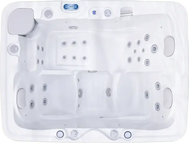Top-down view of the Aura 3-person hot tub—clean, empty, with multiple seats, numerous water jets, control panel, drink holders, and headrests—perfect for relaxing in Dubai or Abu Dhabi.