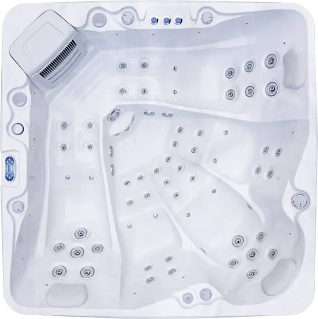 Top-down view of the Calma hot tub—empty, white, and spacious with multiple seats, jet nozzles, and a built-in control panel. Ideal for relaxing or cooling off in Abu Dhabi’s warm climate; clean and designed for several users.
