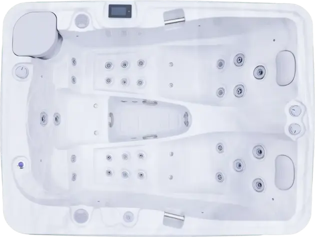 Top view of the Infinity luxury white rectangular jacuzzi featuring two lounger seats, multiple water jets, headrests, and a digital control panel—ideal for enhancing your Abu Dhabi home spa experience.