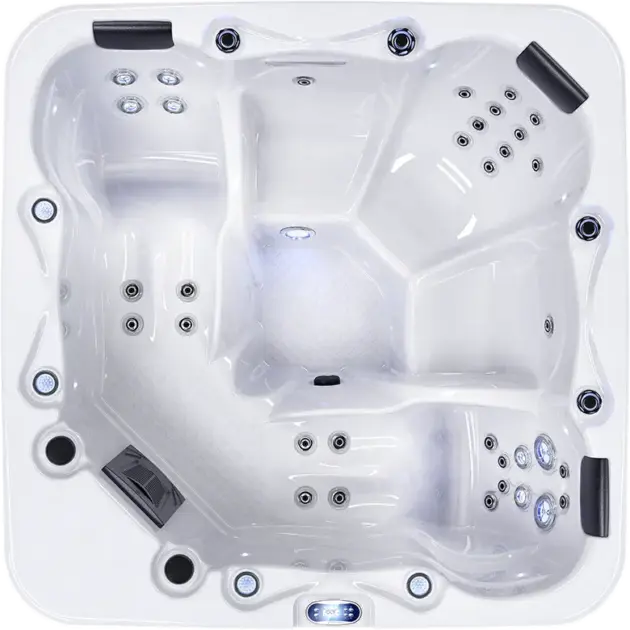 Top-down view of the Oasis hot tub in white, featuring multiple seats, black headrests, hydrotherapy jets, built-in controls, and illuminated accents—an affordable and stylish way to relax during summer.