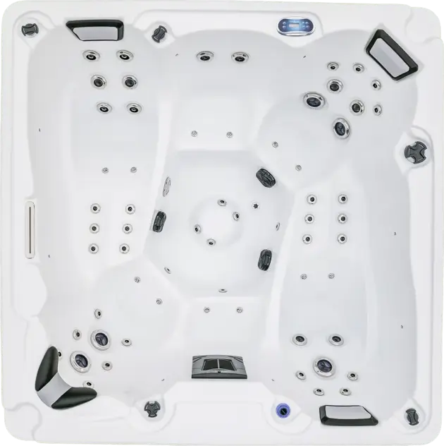 Top-down view of the Revana, a white, empty 6-person hot tub with multiple seats, water jets, and black headrests; control panel at the top—perfect for relaxing evenings in Dubai.
