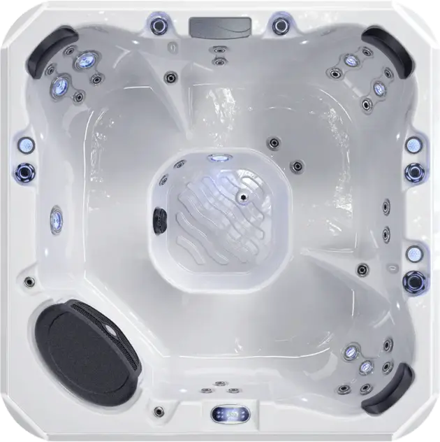 Top-down view of the Trivana, a white square 8-person hot tub featuring multiple seats, jets, built-in speakers, a summer chiller, control buttons, and illuminated accents around its edge and in the seating areas.