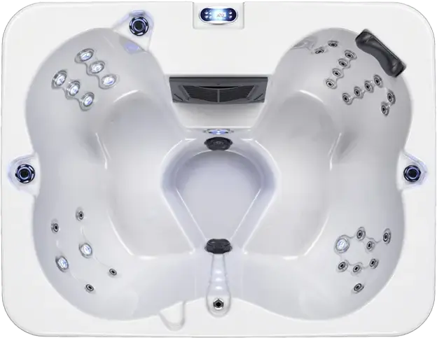 Top-down view of the Utopia jacuzzi, a white two-person tub with multiple water jets, headrest, control panel, and contoured seating—ideal for relaxing in winter or unwinding after using chillers in summer.
