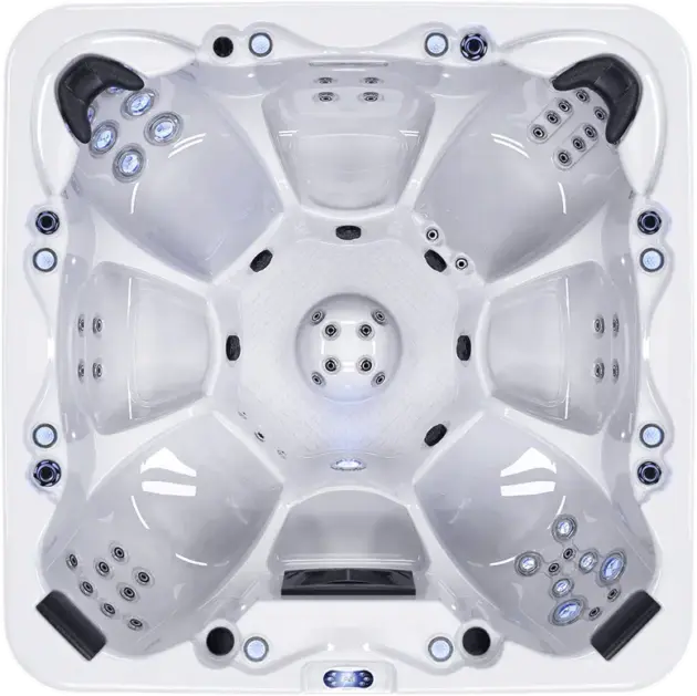 Top-down view of the Velora white jacuzzi hot tub with six seats, each with multiple jets and black headrests. Features include a circular centre jet pattern, built-in lights, and cup holders—ideal for relaxing in winter.