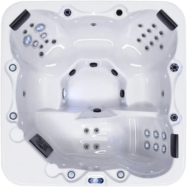 Top view of the Zenith 6-person white jacuzzi featuring multiple seats, black headrests, wall jets, and corner cup holders—ideal for relaxation or adding chillers for cool summer comfort.