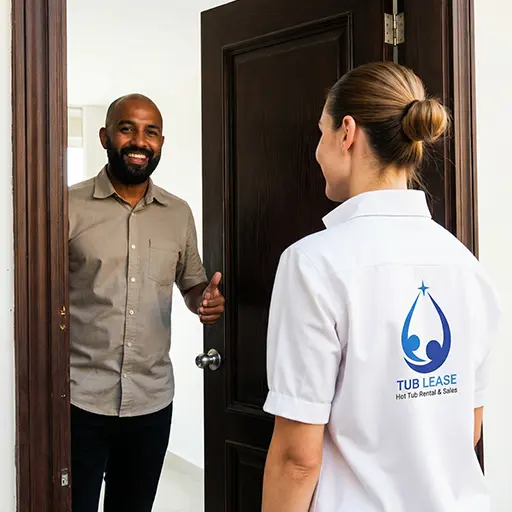 A smiling man stands at an open door, greeting a woman in a white “Tub Lease” uniform, who has her back to the camera. The friendly interaction suggests she’s there to set up a cold plunge or jacuzzi experience.